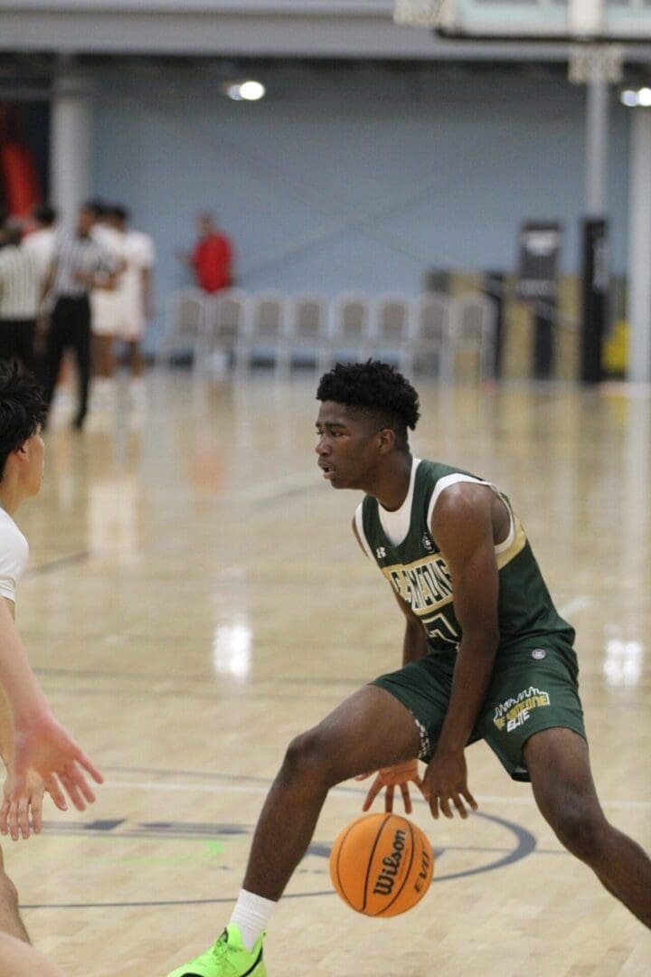 Basketball player dribbling during a game.