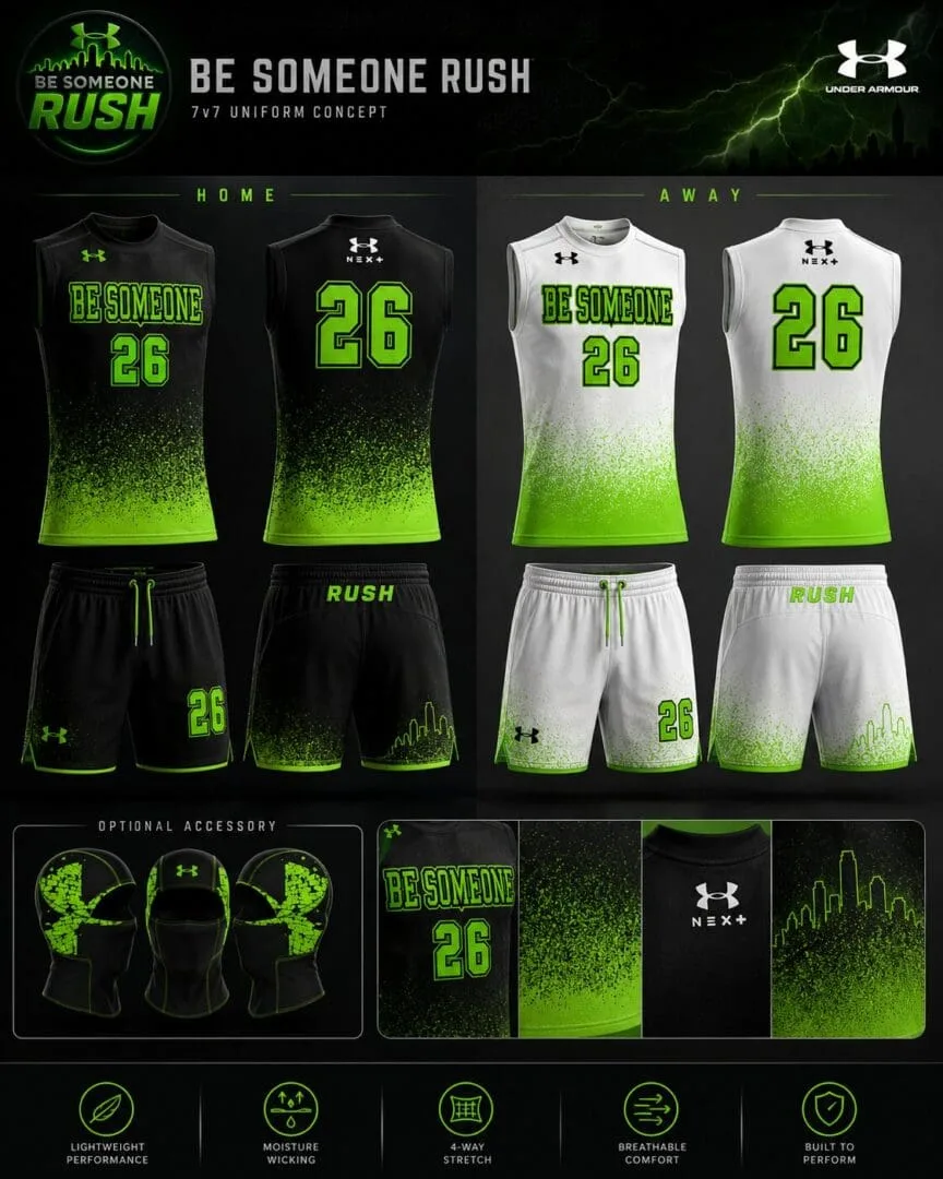 Be Someone Rush 7-on-7 football home and away uniform concept.