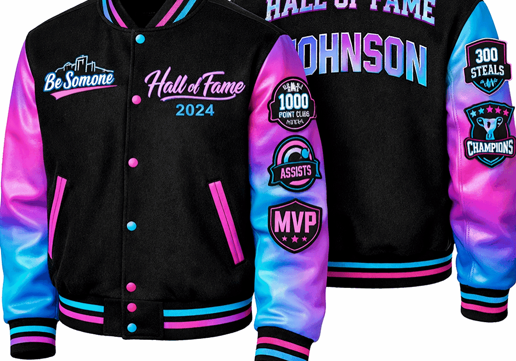 Colorful Hall of Fame varsity jackets.